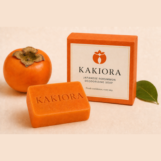 KAKIORA Japanese persimmon soap bar and box with fresh persimmon