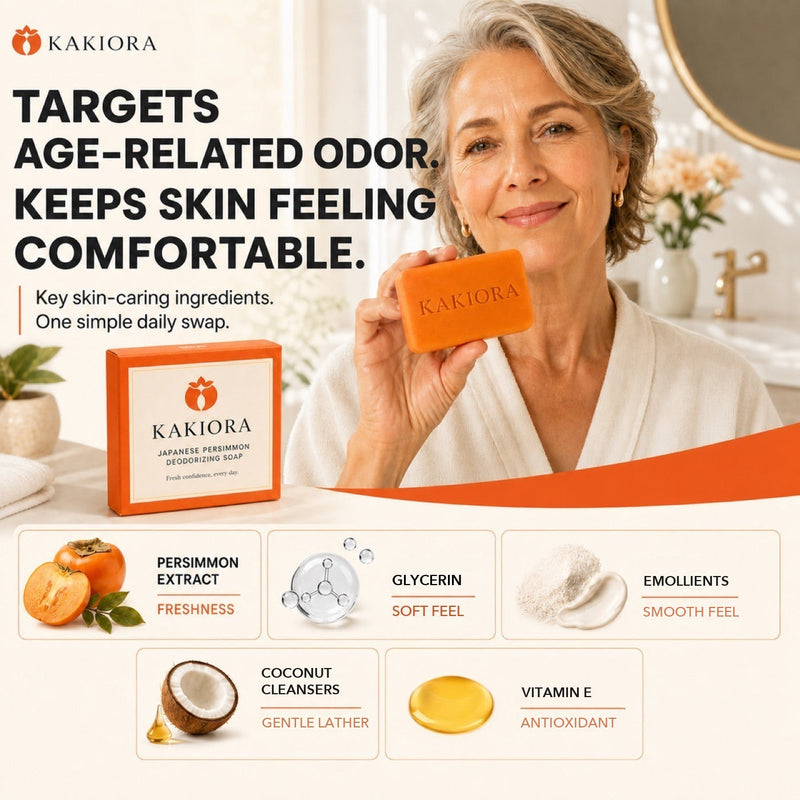 KAKIORA soap key ingredients: persimmon extract, coconut-derived cleansers, glycerin, emollients and vitamin E